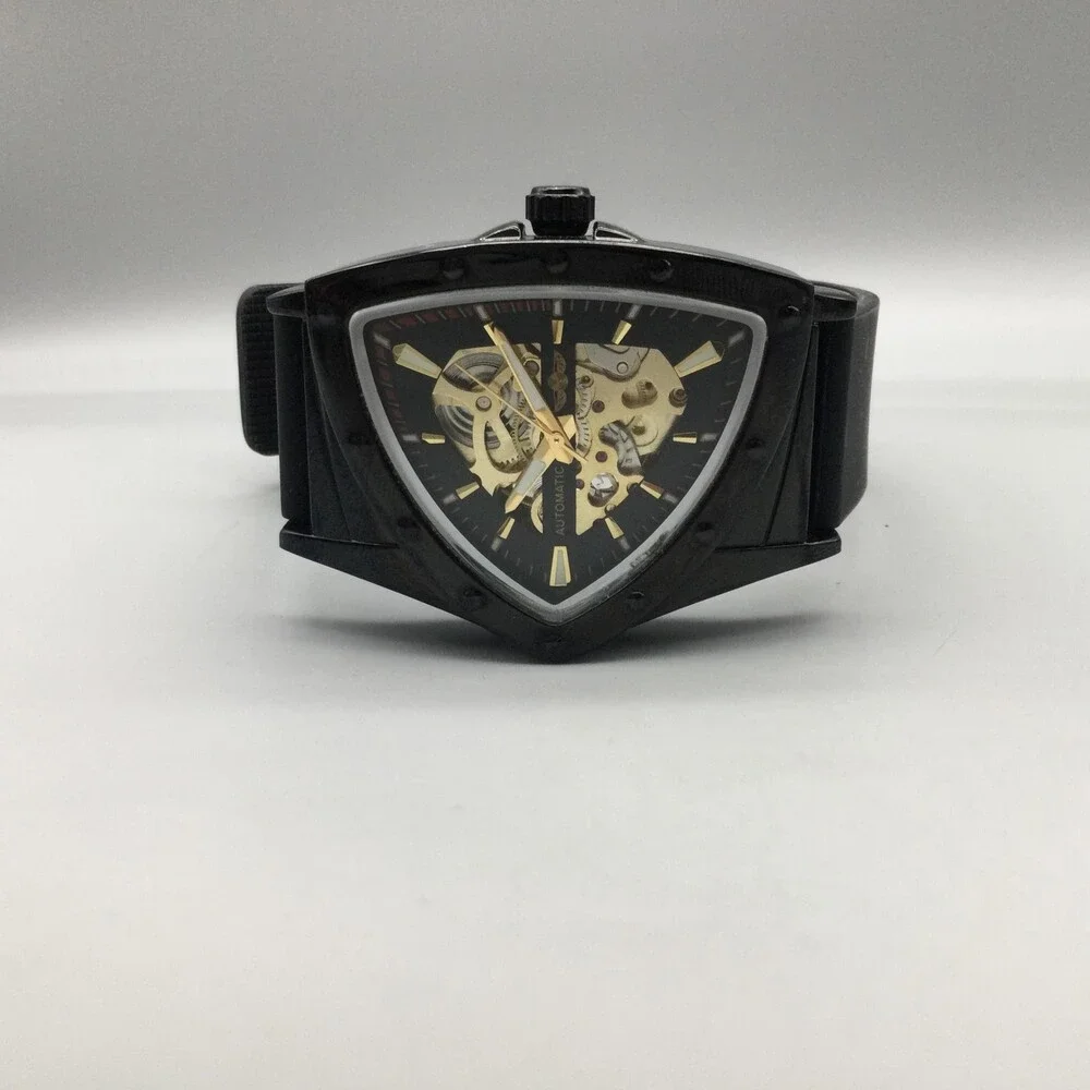 Winner Mens Watch 37mm Black Gold Skeleton Dial Automatic Triangle Case